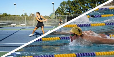 A combined photo of a girl playing tennis and guy swimming.