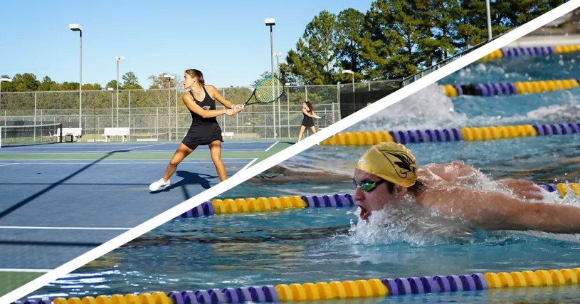 A combined photo of a girl playing tennis and guy swimming.